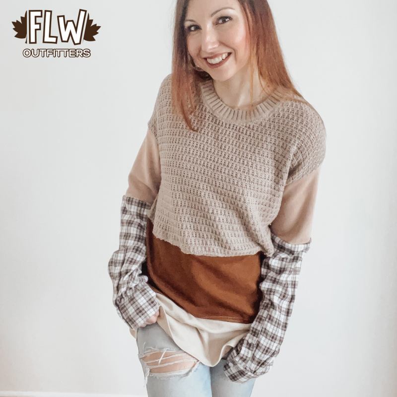 Upcycled Adult Crewneck Size Lg Brown plaid