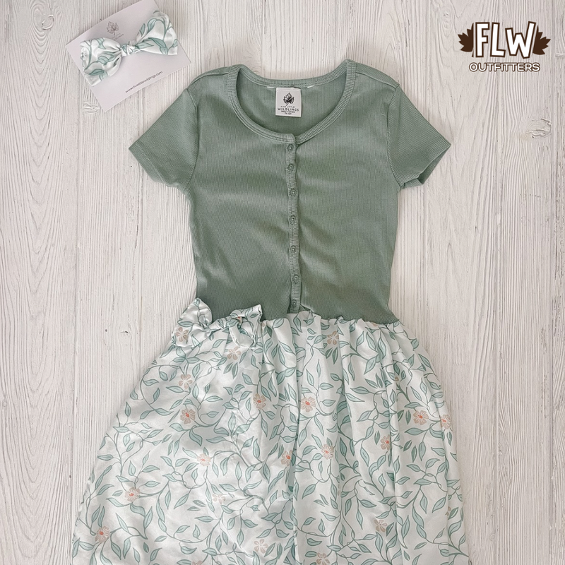 Upcycled Dress 7Y-10Y Green Leaf Floral