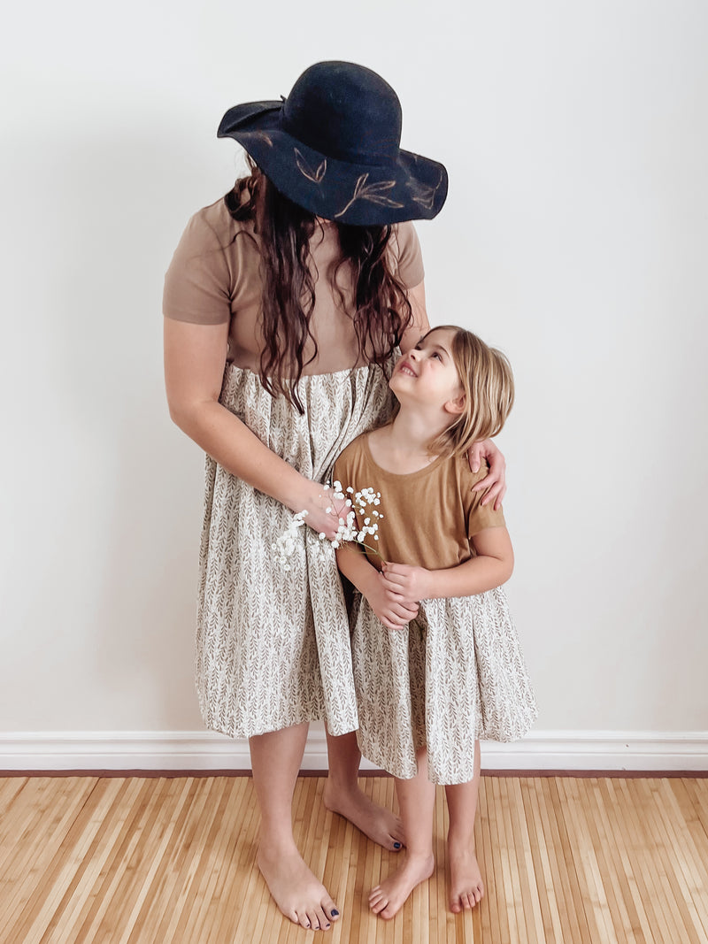 Upcycled Dress 7Y-10Y Brown Leaf Floral