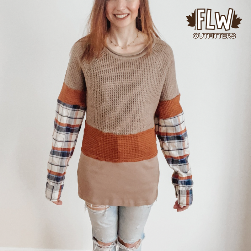 Upcycled Adult Crewneck Size M Navy and Rust Plaid